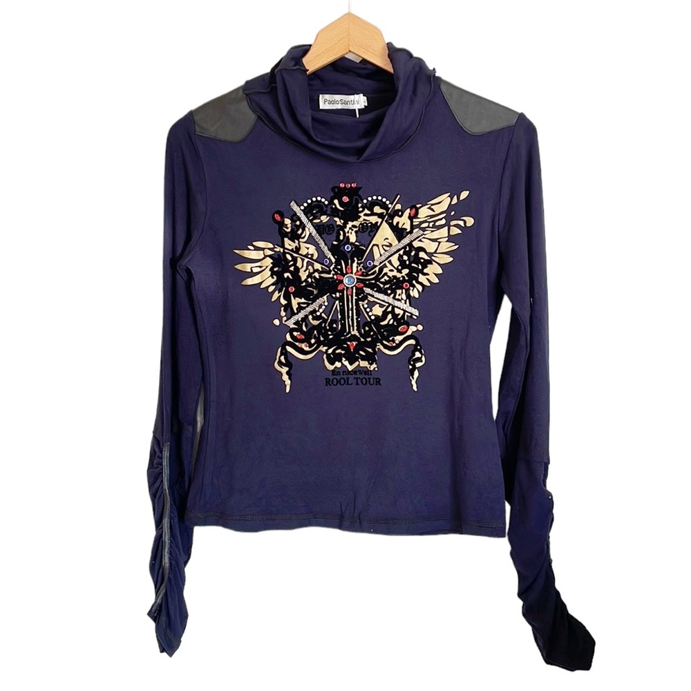 Paolo Santini Womens Blue ROOL TOUR Long Sleeve Cowl Neck Studded Top size L